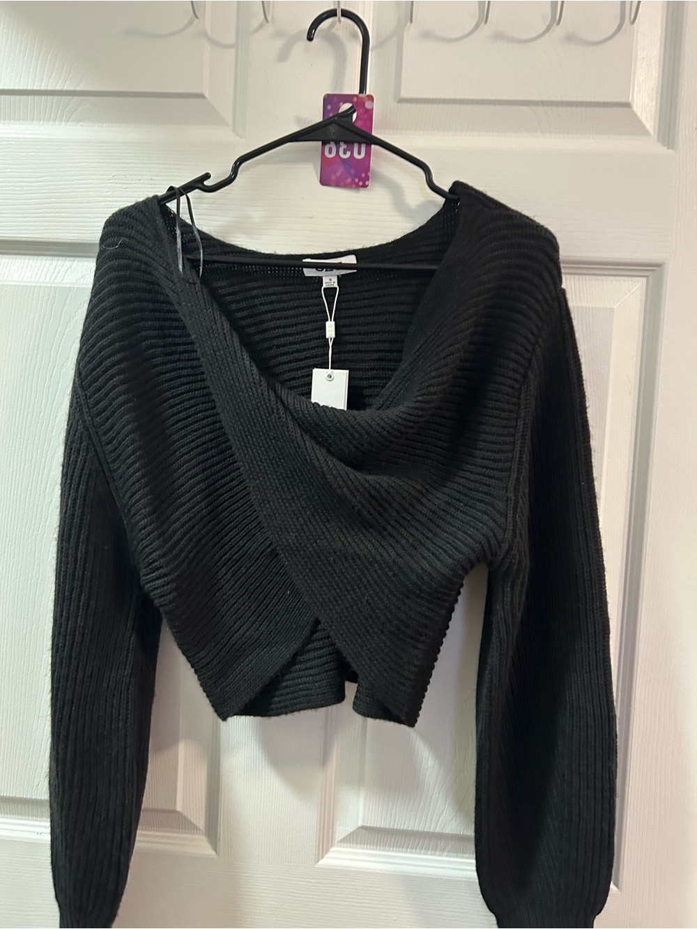 525 America Black Off-the-Shoulder Ribbed Wrap Crop Sweater Top